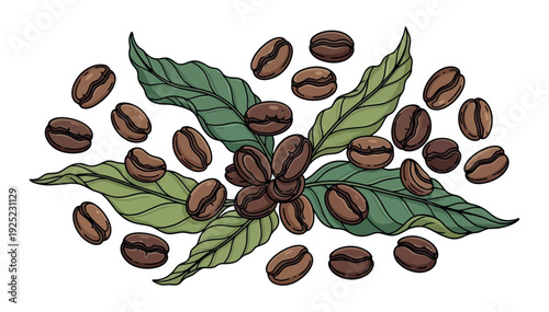 Roasted coffee beans and fresh green coffee plant leaves scattered for beverage industry branding, cafe decor, food product packaging, or agricultural marketing presentations