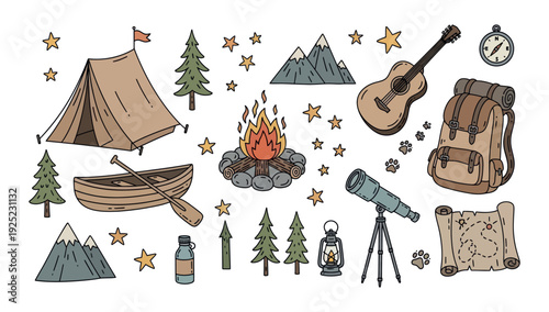 Hand drawn collection of essential camping and outdoor adventure items including a tent mountains campfire guitar backpack and map perfect for travel and exploration themed projects
