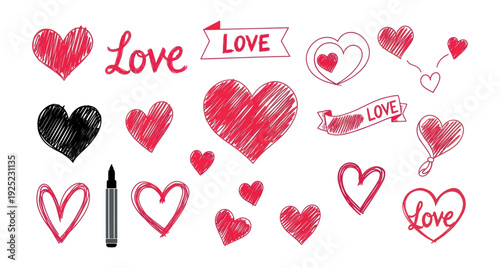 Collection of handdrawn red and black heart shapes with love text for romantic themes, Valentines Day celebrations, and wedding invitations.