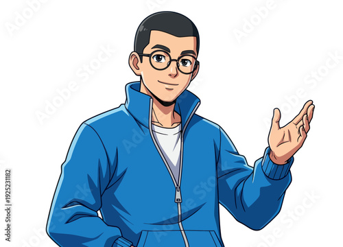 A cheerful young Asian man in a blue track jacket and round glasses smiling and inviting viewers with an open hand, ideal for tutorials, guides, or customer service messaging.