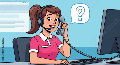 A friendly customer service representative communicates with clients via phone and computer, providing support and answering inquiries in a professional call center setting for various