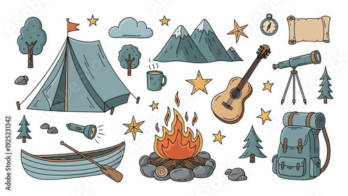 A collection of handdrawn outdoor adventure elements including camping gear, nature objects, and exploration tools, perfect for travel blogs, educational materials, or wildernessthemed