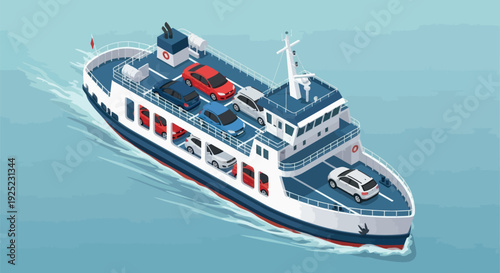 An isometric large car ferry transporting passenger vehicles across a body of water, ideal for illustrating maritime travel, logistics, and interisland transportation concepts for various