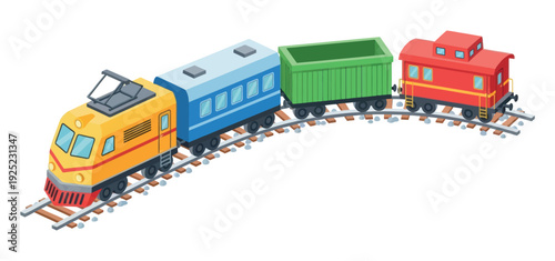 Colorful toy train engine pulling passenger and freight carriages with a caboose on a curved railway track, ideal for educational materials, game graphics, or playful childrens content.