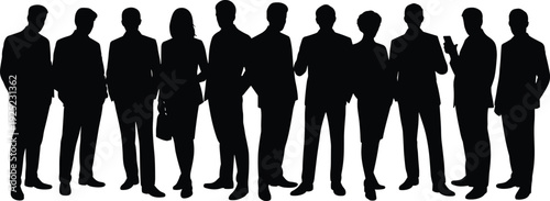 Corporate Business Team Silhouettes Standing Together, Professional Men and Women Black Vector Illustration Isolated on White Background for Leadership, Teamwork and Office Design