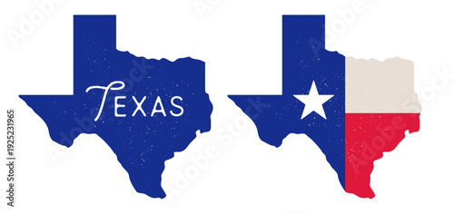 USA. Texas map silhouette, lone star state emblem. Vintage texas state map with flag colors, grunge texture. Patriotic texas state sign for USA geography map design. Vector Illustration