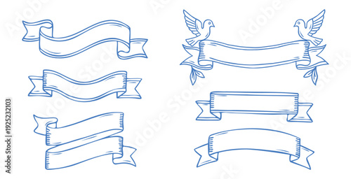 Vintage ribbon banners set with flying birds and decorative scrolls. Classic blue line art vector illustration for elegant headings, wedding stationery, retro label design