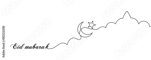 Eid Mubarak greeting with continuous line drawing of moon, star, and mosque on a white backdrop