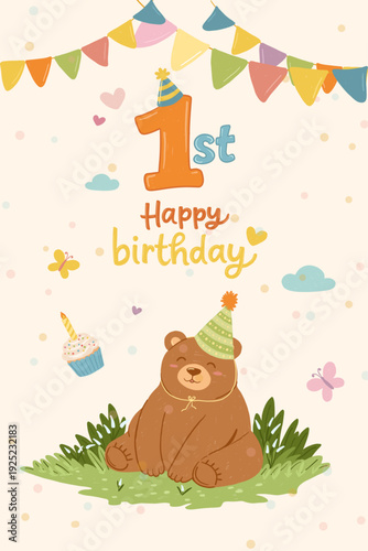 First birthday greeting card with teddy bear and pastel party decorations