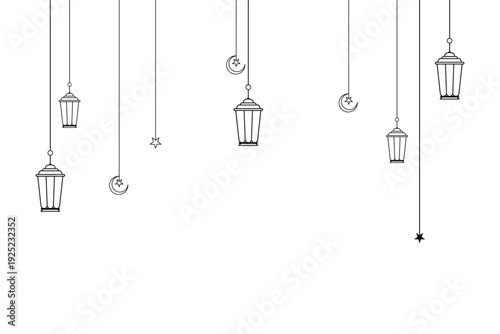 Minimalist ramadan kareem line art banner with lanterns, moons, and stars in black, png