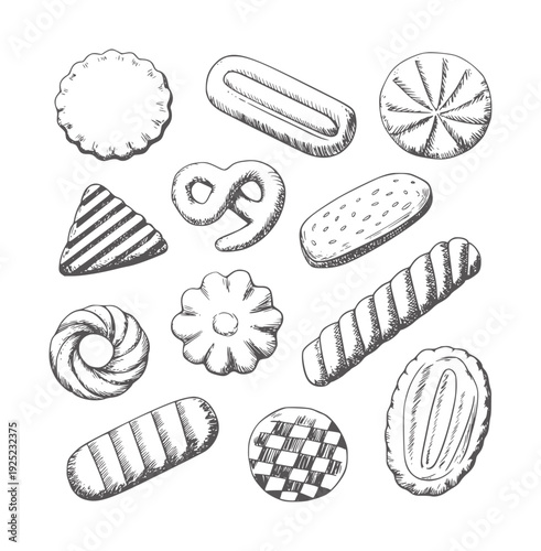 Black and white of various sweet cookies and biscuits food