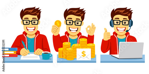 Three-panel cartoon character: studying at desk with books and coffee, celebrating money earnings with coin stacks and payment envelope, and online support agent with headset.