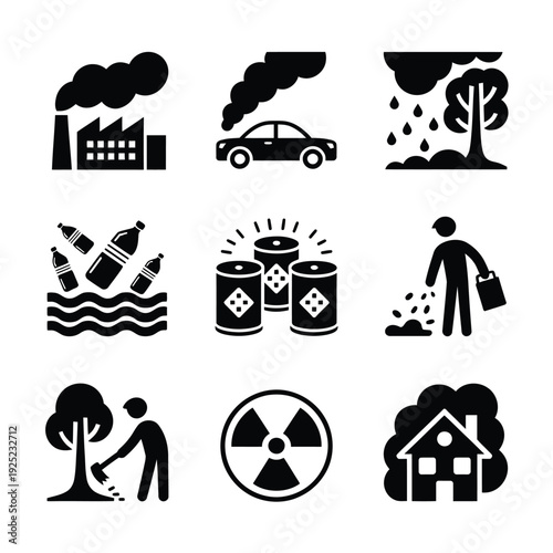 Set of 9 environmental pollution icons vector