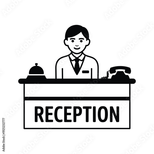 Vector illustration of a hotel reception desk with a smiling receptionist