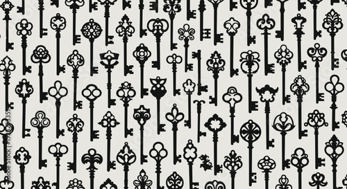 vintage keys pattern, antique black keys on white background