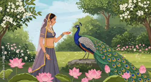indian woman with peacock in garden, traditional art