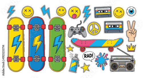 Retro skateboard stickers and elements, 80s 90s style, pop art