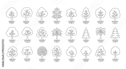 tree icons set, outline style, nature elements