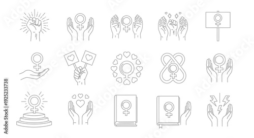 feminism icons set, women rights, gender equality, female power