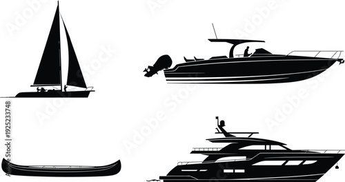 Sailboat and luxury yacht silhouette set, motorboat and canoe vector illustration isolated for marine design, nautical branding, water transport and boating graphics