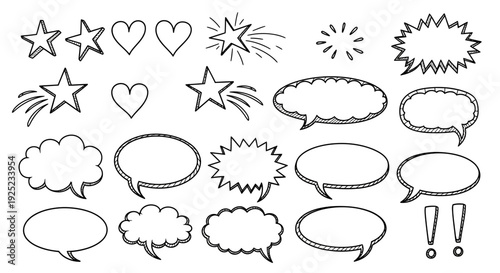 hand drawn doodle elements, stars, hearts, speech bubbles, exclamation marks