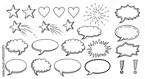 hand-drawn doodle elements, stars, hearts, speech bubbles, sunburst, exclamation marks