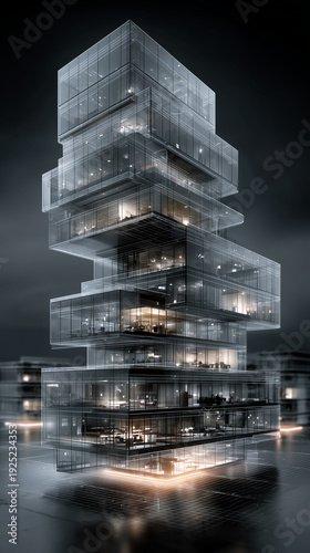 Modern architectural design of a stacked office building.
