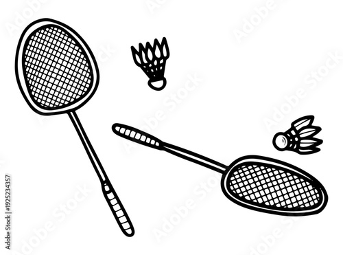 Badminton set. Vector doodle hand drawn. Rackets and shuttlecocks. Sports equipment. Items, inventory. Game on court with net. Match, championship. Summer Olympic Games. Line art illustration.