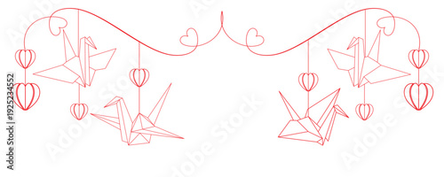 Line drawing of hanging paper crane origami with heart illustration.eps