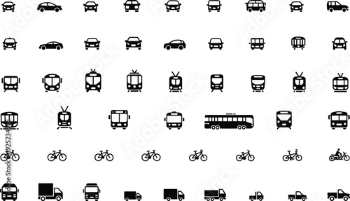 Transportation icon collection featuring cars, buses, trains, trucks, bicycles and scooters, public transit and delivery vehicle silhouettes vector set isolated on white background