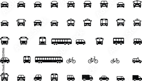 Transportation icon set with car, bus, truck, taxi, bicycle and van silhouettes, public transit vector collection isolated for map design and navigation graphics