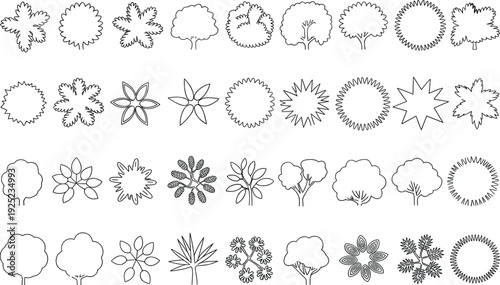 Tree and plant outline icon set with various canopy shapes, isolated on white background, botanical line art collection for landscape design and map symbols