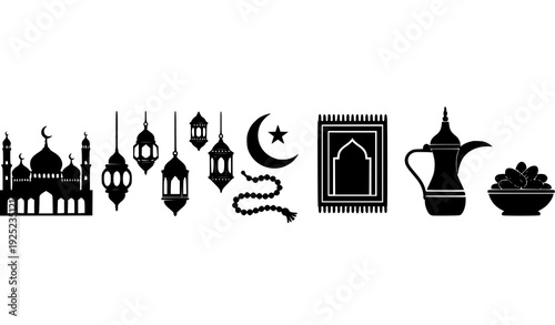 Ramadan Islamic Silhouette Skyline Vector with Mosque Lantern and Cultural Religious Icons