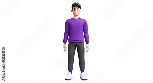 3D Character of a Young Man Wearing a Purple Sweater and Gray Pants