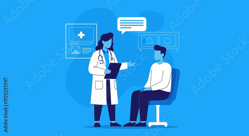 Doctor consults with patient in a modern clinic, discussing health and treatment options.