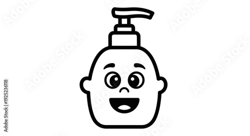 Cute baby face with soap dispenser icon, hygiene and hand wash concept, infant cleanliness illustration, cartoon baby head design, child care and sanitation symbol, simple outline vector graphic