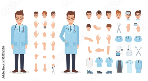 Doctor character creation kit with body parts and accessories, medical avatar builder set, healthcare professional design elements, customizable physician illustration pack, flat cartoon style collect