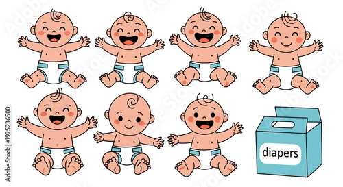 Set of cute baby characters with different emotions and poses, newborn expressions collection, cartoon infant illustration, happy crying laughing baby faces, childcare and parenting concept with diape