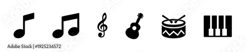 A collection of stylized music symbols and instruments including notes, a treble clef, guitar, drum, and piano keys, perfect for music education, entertainment themes, or graphic design