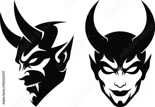 Two black and white devil head silhouettes