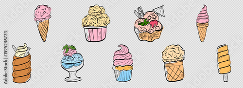 Ice cream doodle cone line art with an icecream set and icon outline, drawn by hand for a sketch illustration in a retro style. Sweet sundae vector elements and gelato treats