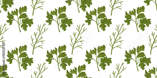 Seamless pattern with stylized parsley and herb sprigs. The main focus is a fresh organic greenery motif inspired by kitchen ingredients.