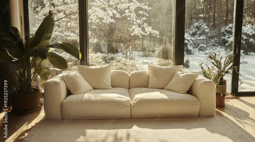 Fototapeta premium Cozy Living Room with Winter Garden View