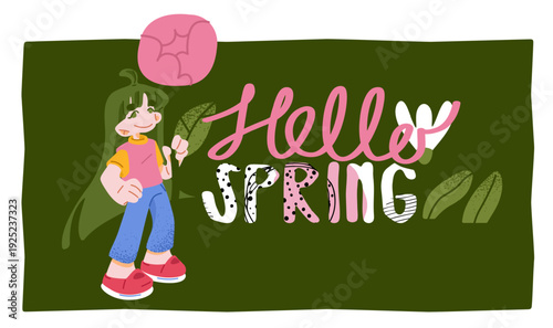 Stylized illustration of a girl holding a leaf with spring floral elements. The composition represents seasonal renewal through a youthful character and botanical details.