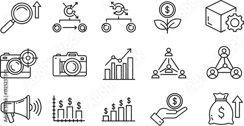 Thin Line Business Growth and Marketing Icon Set with Analytics, Investment, Startup, Finance and Promotion Symbols
