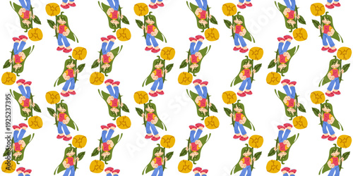 Seamless repeat featuring a girl with green hair holding a round flower. Alternating upright and upside down poses create a dynamic spring character illustration.