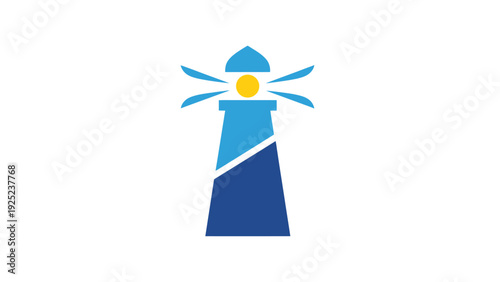 Stylized blue lighthouse logo with guiding light symbol on white background.