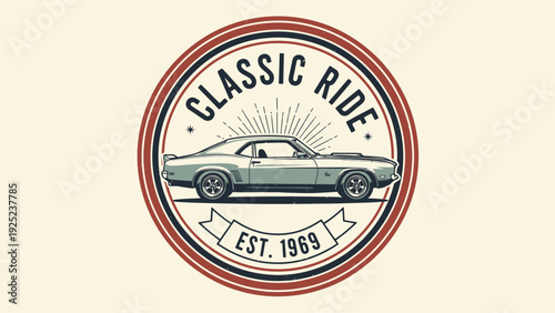 Classic Muscle Car Logo: Vintage automotive emblem with 'Classic Ride Est. 1969'.