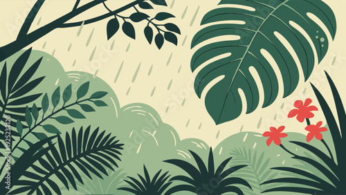 Lush Tropical Rainforest Jungle Scene with Monstera Leaf and Rain for Nature Website Background or Eco Travel Promotion