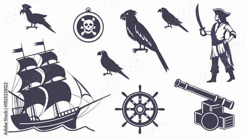 Pirate Icons Set Ship Cannon Wheel Parrot Skeleton Map for Game Design App Web Adventure Themed Projects